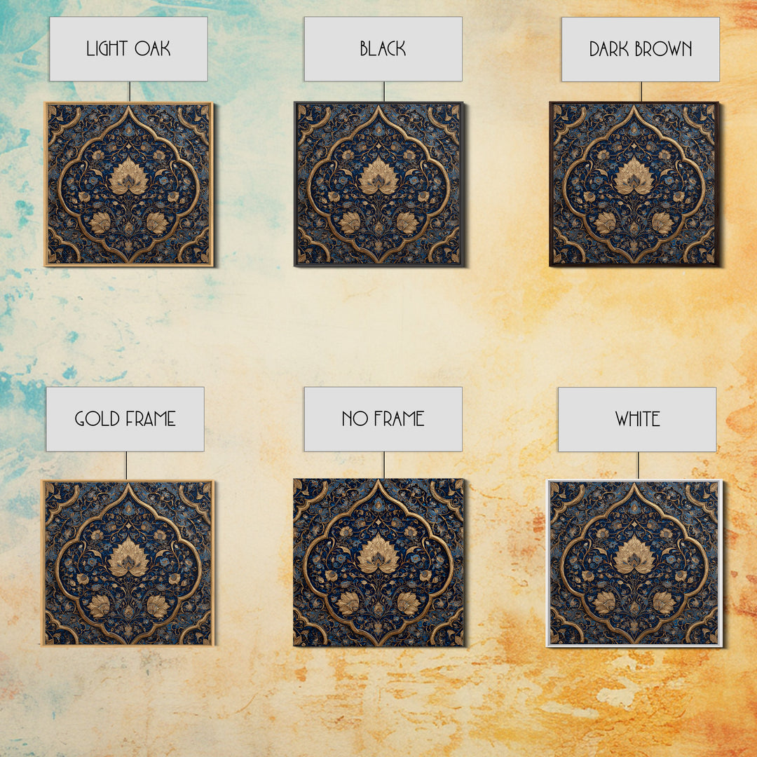 Ornate Blue Gold Islamic Floral Pattern Wall Art, Moroccan Tile Canvas Print, Elegant Arabic Home Decor For Living Room Wall