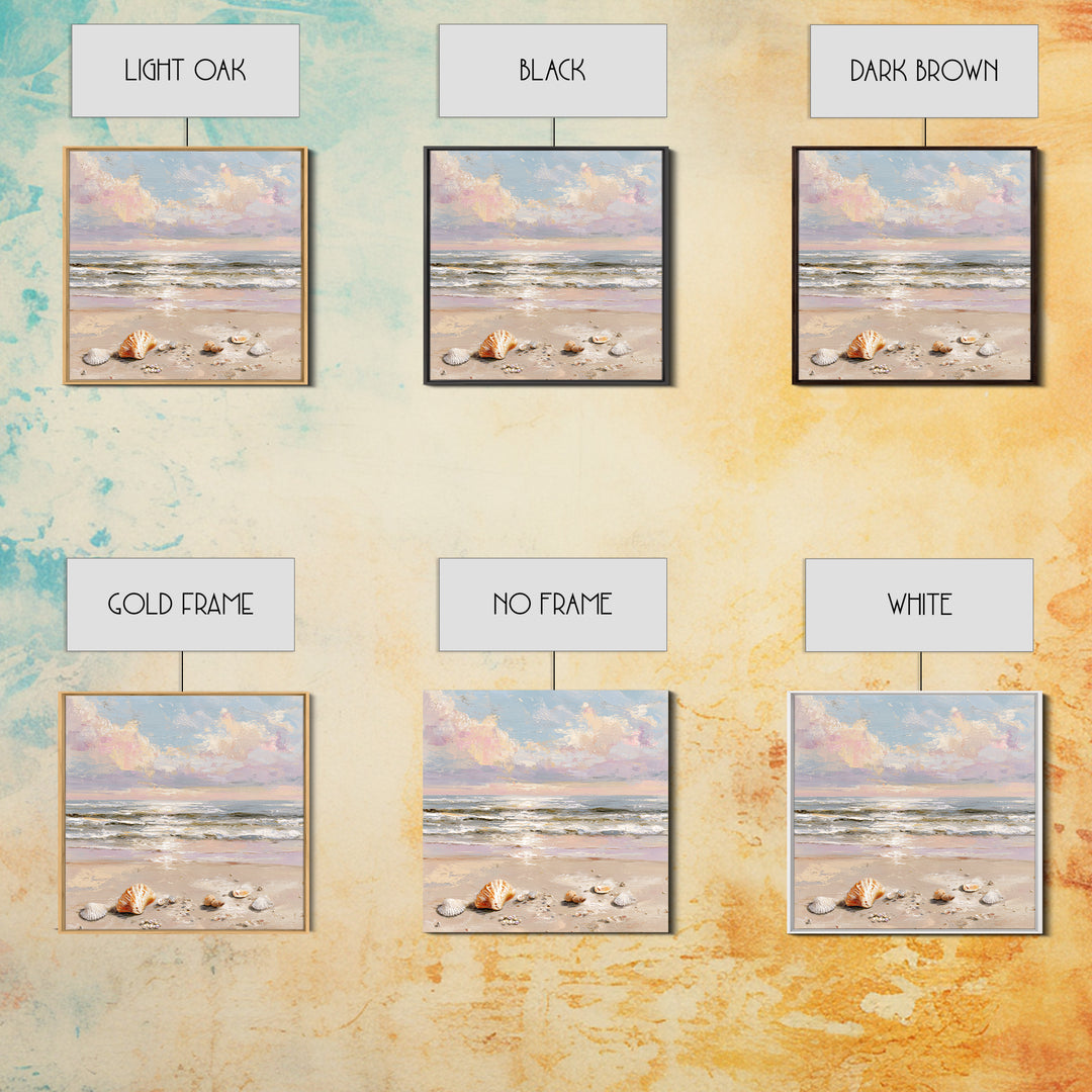 Pastel Ocean Waves And Seashells Wall Art, Coastal Seascape Framed Canvas Print, Beach House Living Room Decor For Bedroom