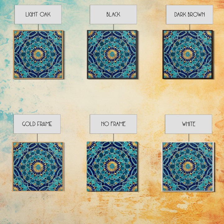 Teal Islamic Geometric Tile Wall Art, Moroccan Mosaic Pattern, Blue Gold Boho Decor, Mediterranean Canvas Print, Kitchen Decor