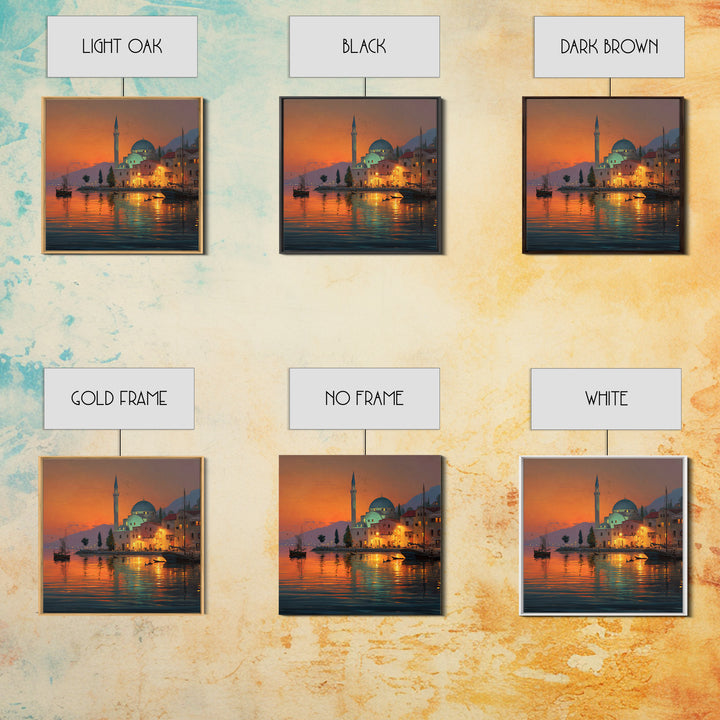 Waterfront Mosque At Orange Sunset Canvas Print, Islamic Architecture Art, Coastal Wall Decor, Travel Poster For Living Room