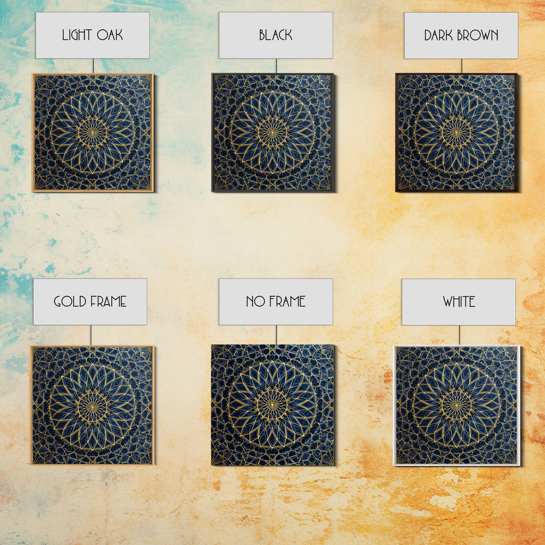 Blue Gold Geometric Mandala Canvas Print, Islamic Pattern Wall Art, Moroccan Abstract Decor For Meditation Room And Office