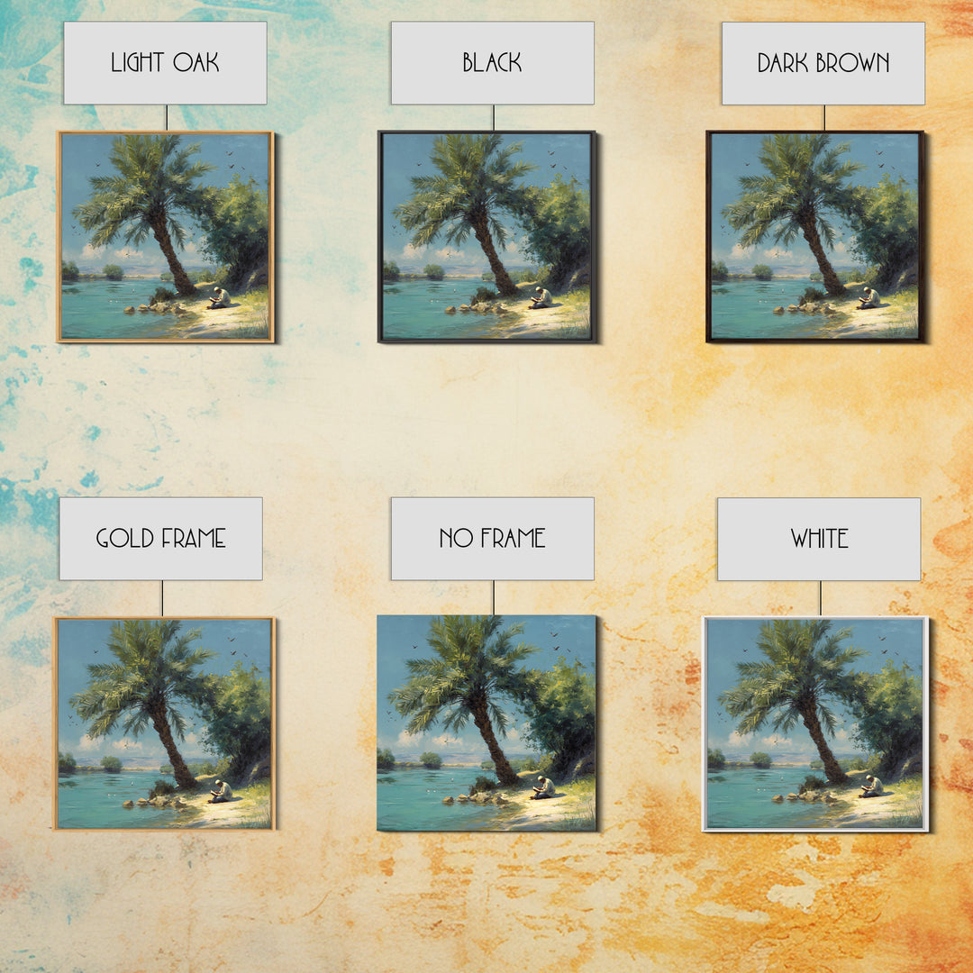 Leaning Palm By Blue Lagoon Wall Art, Tropical Coastal Landscape Painting, Serene Nature Decor, Mediterranean Canvas Print