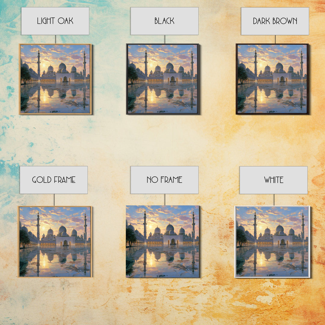 White Grand Mosque At Sunset Framed Canvas Print, Islamic Wall Art, Abu Dhabi Architecture, Spiritual Decor, Luxury Home Decor