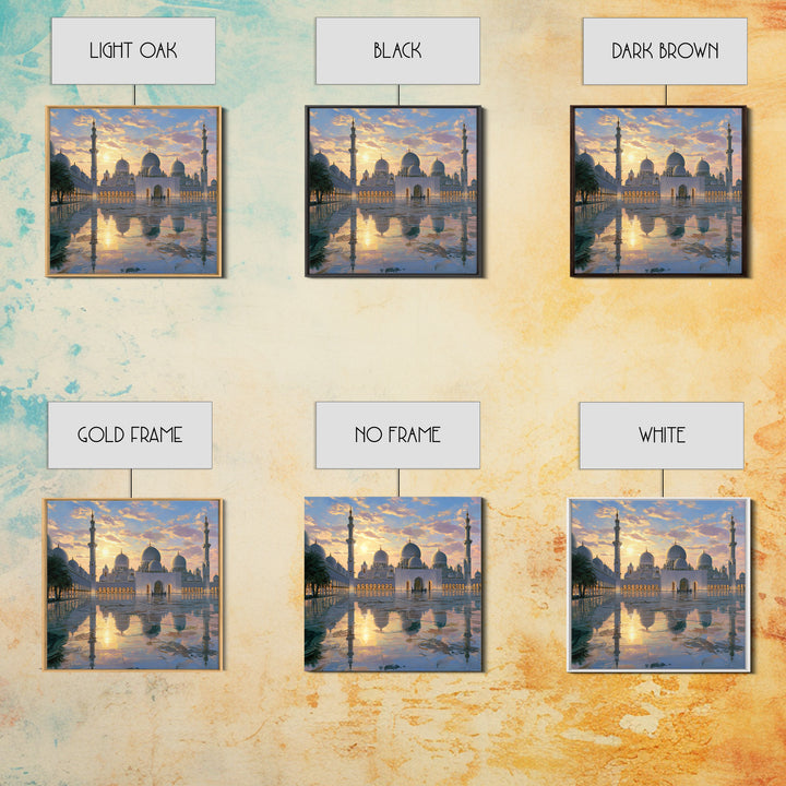 White Grand Mosque At Sunset Framed Canvas Print, Islamic Wall Art, Abu Dhabi Architecture, Spiritual Decor, Luxury Home Decor