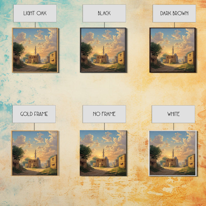 Sunlit Village Mosque At Golden Sunset Wall Art, Islamic Landscape Canvas Print, Rustic Travel Decor, Serene Home Gift For Living Room