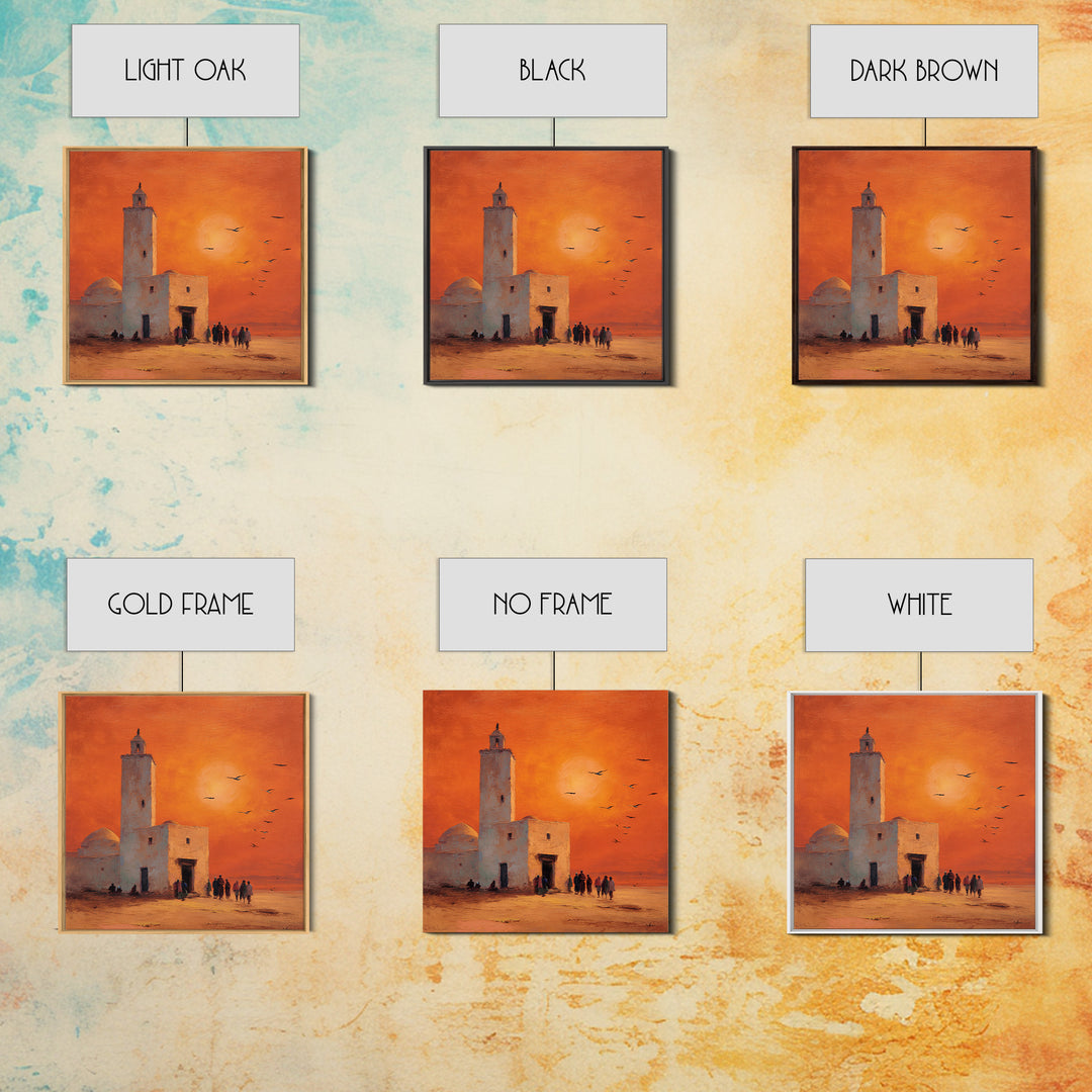 Orange Desert Mosque Sunset With Birds Wall Art, Moroccan Wall Decor, Islamic Home Decor, Travel Poster, Housewarming Gift