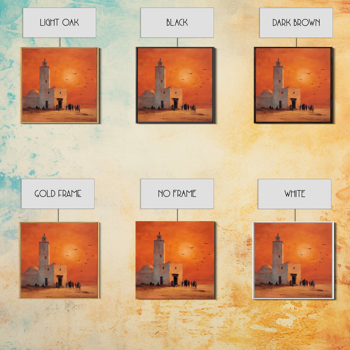 Orange Desert Mosque Sunset With Birds Wall Art, Moroccan Wall Decor, Islamic Home Decor, Travel Poster, Housewarming Gift