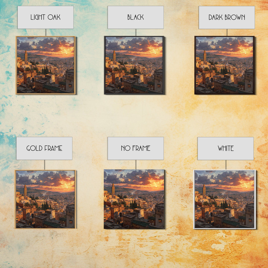 Moroccan City Rooftops At Sunset Wall Art, Marrakech Travel Canvas Print, Warm Mediterranean Living Room Decor Housewarming Gift