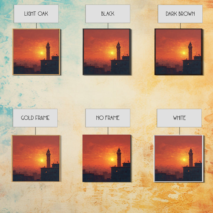 Orange City Sunset With Minaret Tower Silhouette Canvas Print, Islamic Wall Art, Moroccan Decor, Travel Poster, Home Decor