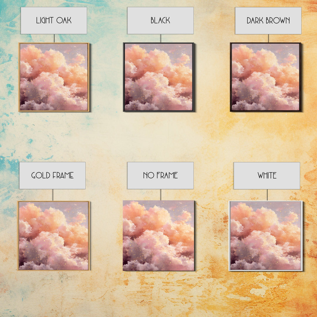 Blush Pink Celestial Clouds With Golden Stars Wall Art, Dreamy Sky Canvas, Pastel Bedroom Decor, Nursery Gift, Ethereal Home Decor