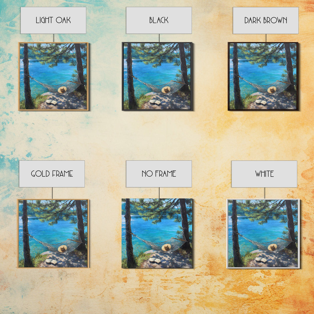 Pine Lake Hammock Reading Nook Wall Art, Coastal Lake House Decor, Peaceful Nature Canvas Print, Relaxing Bedroom Art Gift