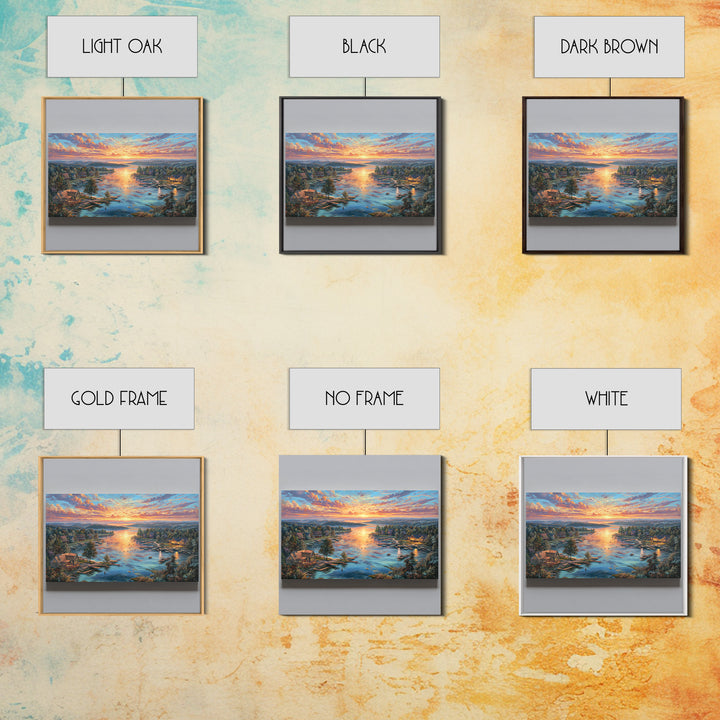 Sunset Lake Village Framed Canvas Print, Panoramic Landscape Wall Art, Coastal Cabin Decor, Large Living Room Art, Housewarming Gift