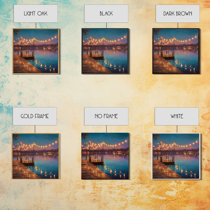 Twilight Lake Dock Lights Wall Art, Romantic Waterfront Canvas Print, Cozy Living Room Decor, Lake House Decor Gift For Her