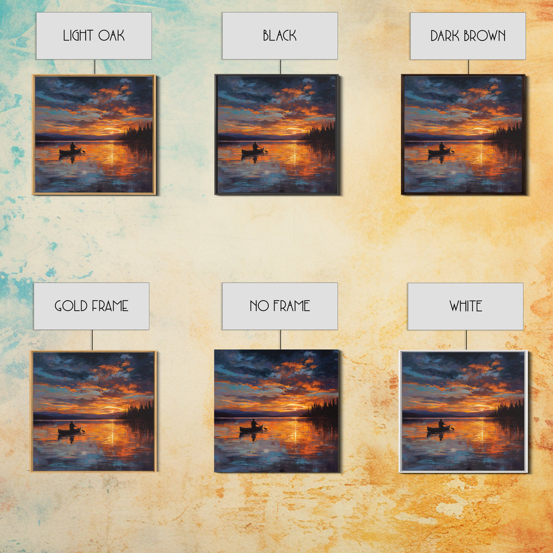 Canoe On Fiery Lake Sunset Framed Canvas Print, Impressionist Landscape Wall Art For Cozy Living Room Or Cabin Home Decor
