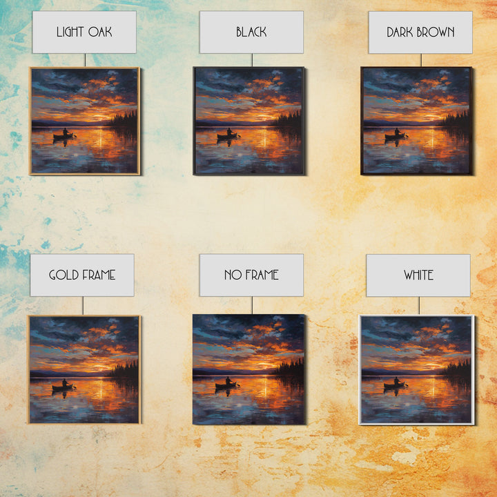 Canoe On Fiery Lake Sunset Framed Canvas Print, Impressionist Landscape Wall Art For Cozy Living Room Or Cabin Home Decor