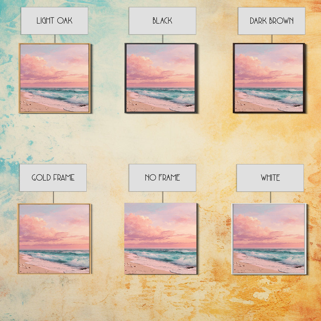 Pink Ocean Waves At Sunset Canvas Print, Pastel Coastal Wall Art, Beach House Decor, Large Living Room Wall Decor, Serene Seascape