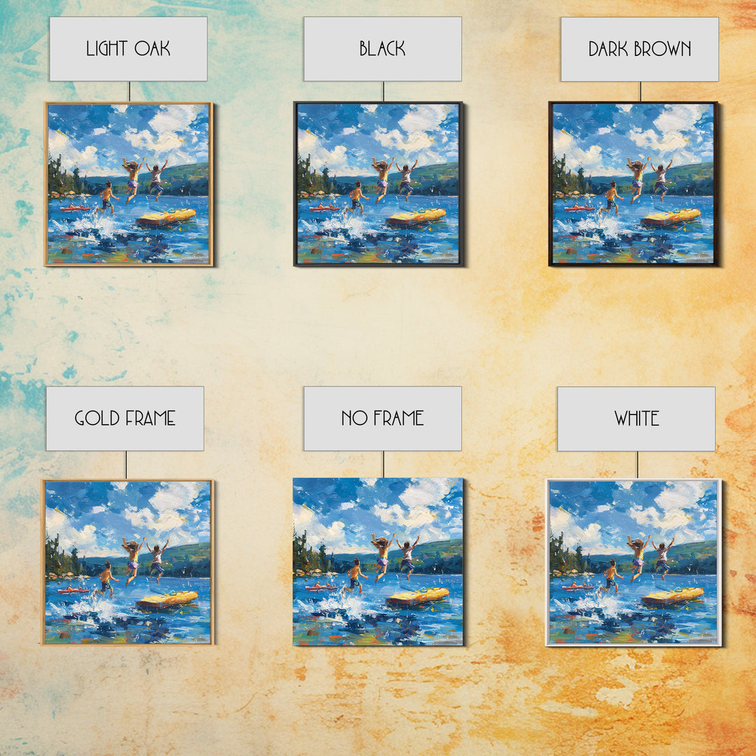 Kids Jumping Off Dock Lake Day Wall Art, Colorful Impressionist Summer Canvas Print, Playful Lake House Painting For Family Room Or Nursery