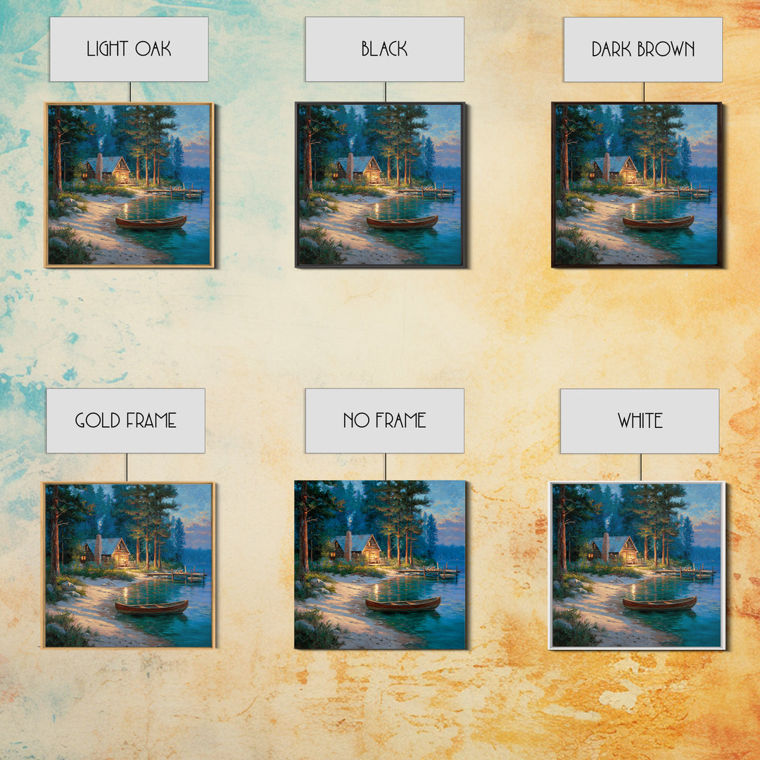 Cozy Lakeside Cabin At Dusk Landscape Wall Art Print, Rustic Lake House Home Decor, Nature Painting Living Room Wall Art