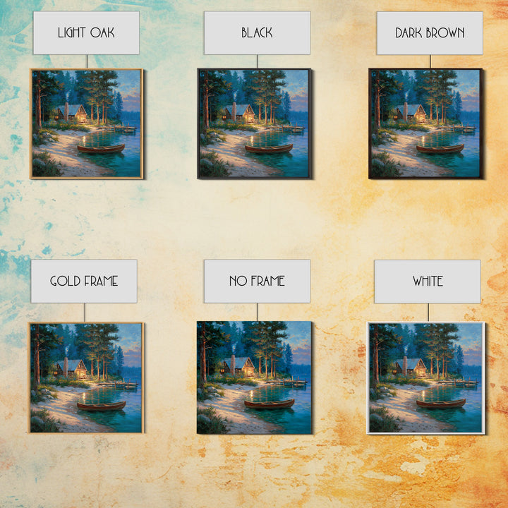 Cozy Lakeside Cabin At Dusk Landscape Wall Art Print, Rustic Lake House Home Decor, Nature Painting Living Room Wall Art