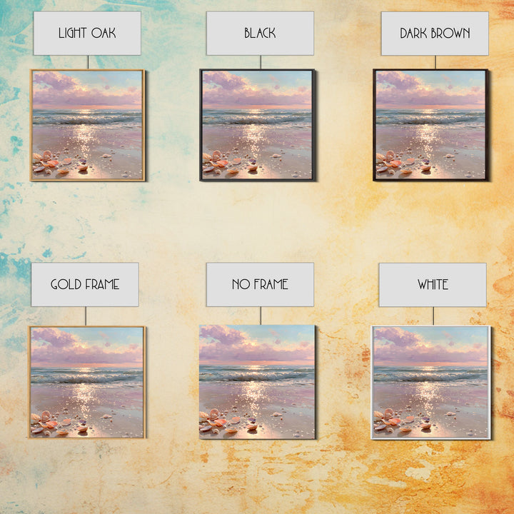 Sparkling Seashell Beach Sunrise Framed Canvas Print, Coastal Wall Art, Ocean Waves, Nautical Living Room Decor, Beach House Gift
