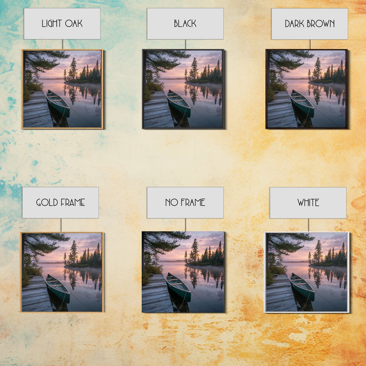 Tranquil Canoe At Sunrise Lake Landscape Wall Art Print, Serene Nature Photography, Cabin Rustic Home Decor Wall Art