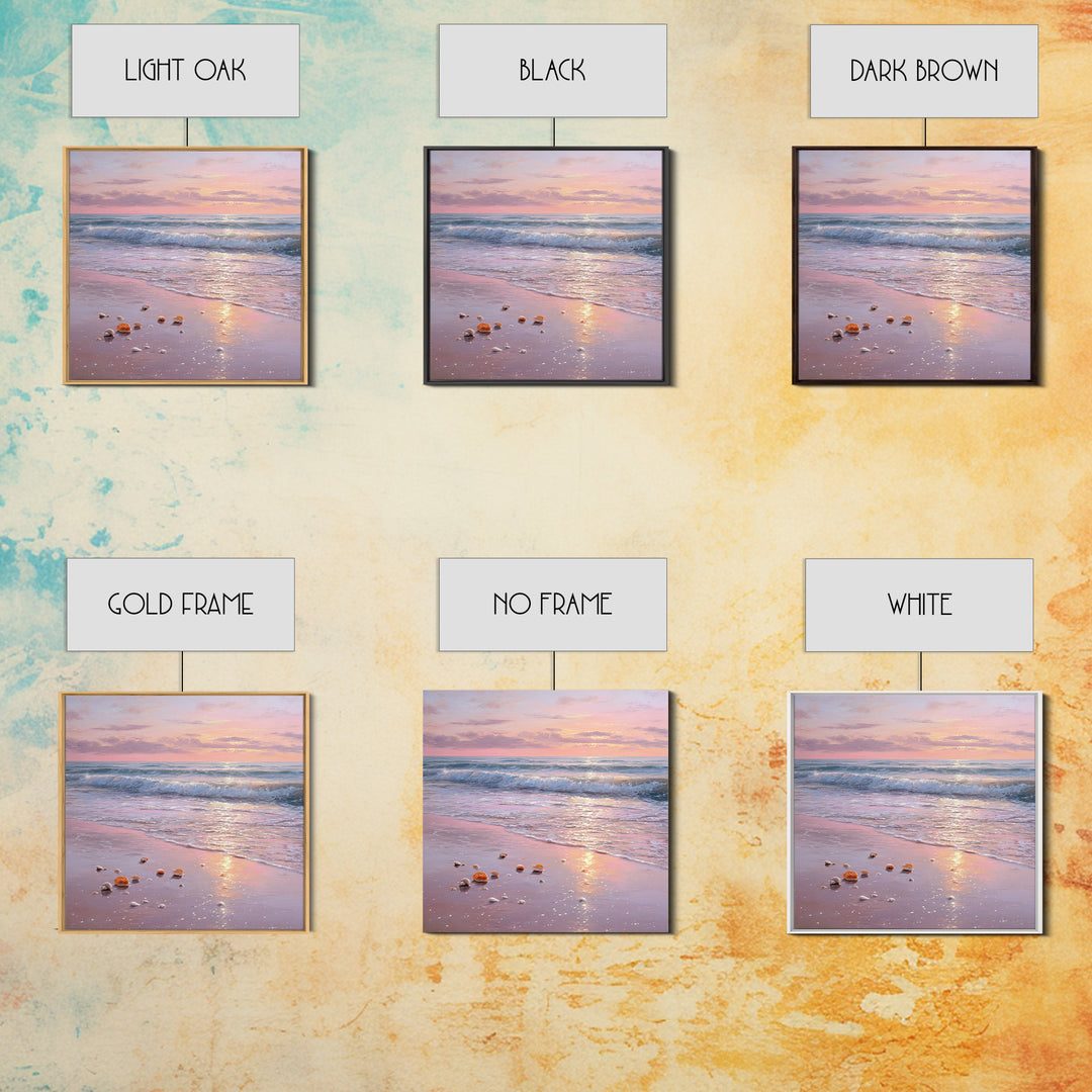 Pastel Sunset Ocean Shore With Seashells Canvas Print, Pink Coastal Wall Art, Beach House Decor, Calming Seascape, Living Room Wall Decor