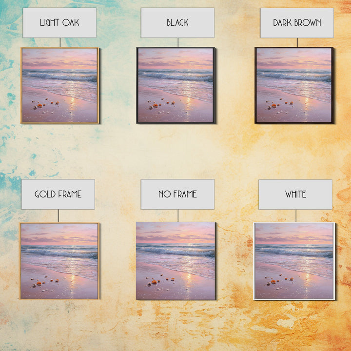 Pastel Sunset Ocean Shore With Seashells Canvas Print, Pink Coastal Wall Art, Beach House Decor, Calming Seascape, Living Room Wall Decor