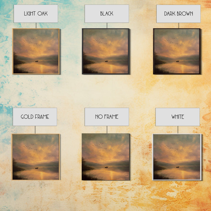 Golden Sunset Rowboat Landscape Wall Art, Romantic Lake Canvas Print For Cozy Living Room Decor And Bedroom Wall
