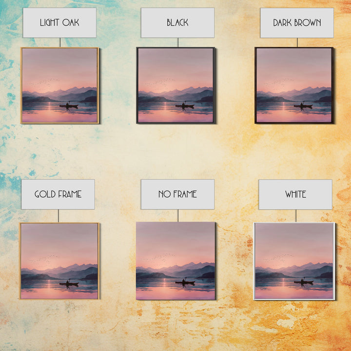 Serene Kayak At Pink Mountain Sunrise Landscape Wall Art, Calming Lake Painting, Nature Home Decor Canvas Print