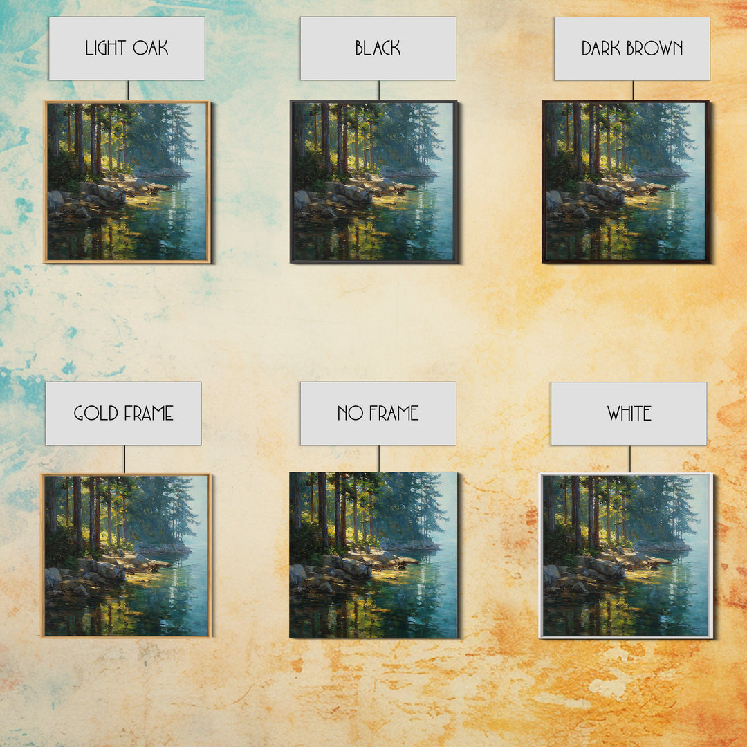 Sunlit Forest Lake With Reflections Landscape Wall Art, Nature Painting For Cabin Or Living Room, Canvas Print