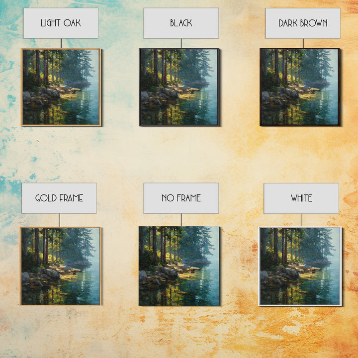 Sunlit Forest Lake With Reflections Landscape Wall Art, Nature Painting For Cabin Or Living Room, Canvas Print