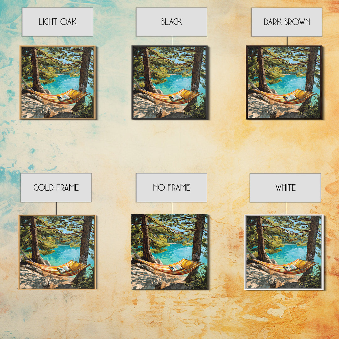 Hammock By Turquoise Lake Wall Art, Cozy Reading Nook In Pines Painting Print, Summer Cabin Home Decor Framed Canvas Print