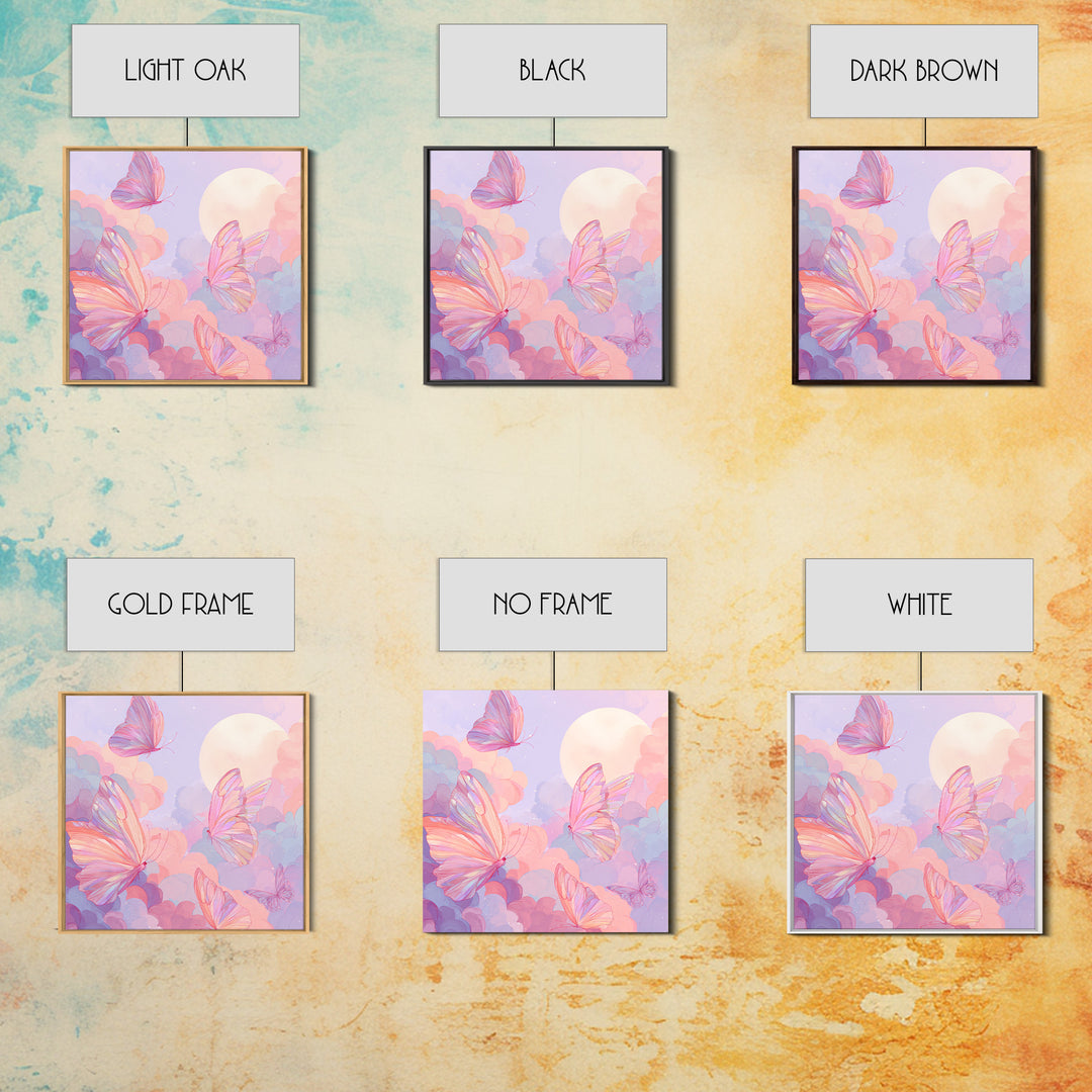 Pastel Pink Butterflies Moon Wall Art, Dreamy Celestial Canvas Print, Coquette Nursery Decor, Whimsical Bedroom Art Gift For Her