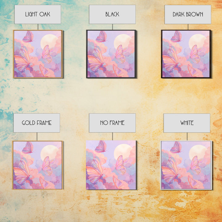 Pastel Pink Butterflies Moon Wall Art, Dreamy Celestial Canvas Print, Coquette Nursery Decor, Whimsical Bedroom Art Gift For Her