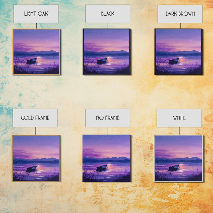 Purple Twilight Lake Boat Wall Art, Serene Sunset Landscape Canvas Print For Living Room Decor, Calming Modern Home Decor