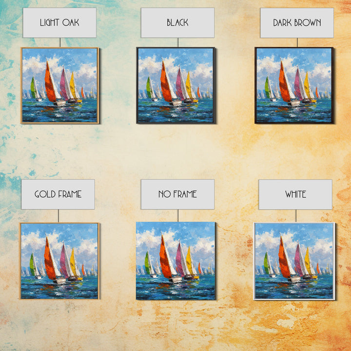 Colorful Sailboats Seascape Oil Painting Wall Art, Coastal Abstract Ocean Canvas Print, Beach House Decor Modern Nautical Art
