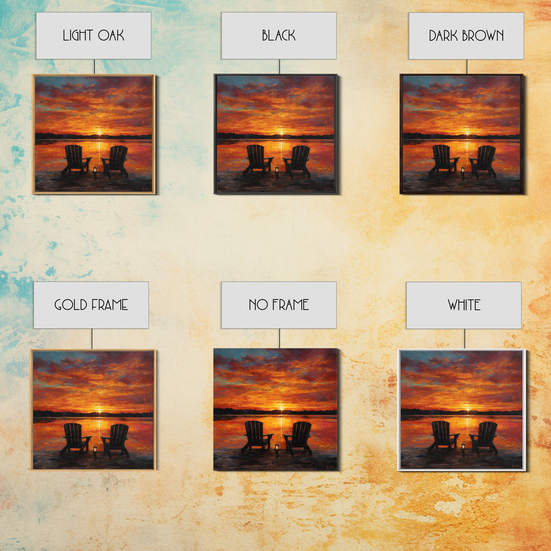Romantic Lake Sunset Chairs Wall Art For Living Room Decor, Cozy Sunset Painting Canvas Print, Peaceful Landscape Art