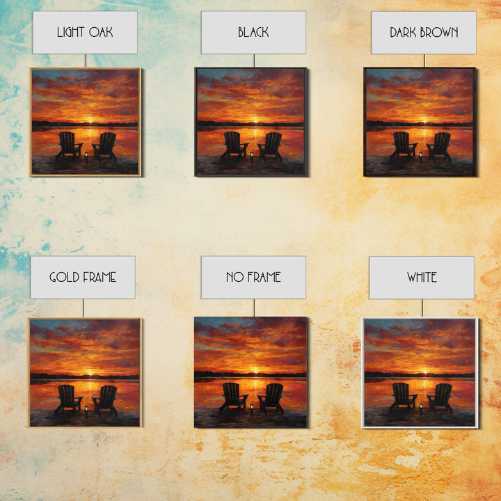 Romantic Lake Sunset Chairs Wall Art For Living Room Decor, Cozy Sunset Painting Canvas Print, Peaceful Landscape Art