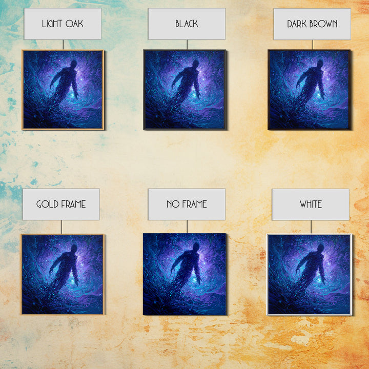 Surreal Figure Floating In Cosmic Blue Swirl Canvas Print, Abstract Space Art, Mystical Wall Art For Modern Living Room Decor