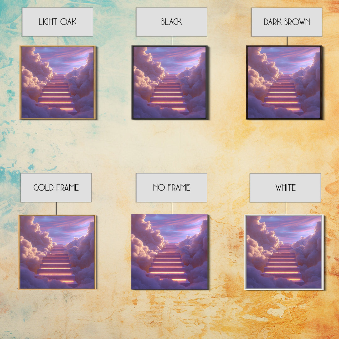 Glowing Stairway Through Pastel Clouds Wall Art, Dreamy Celestial Canvas Print, Calming Bedroom Decor For Nursery And Meditation Room