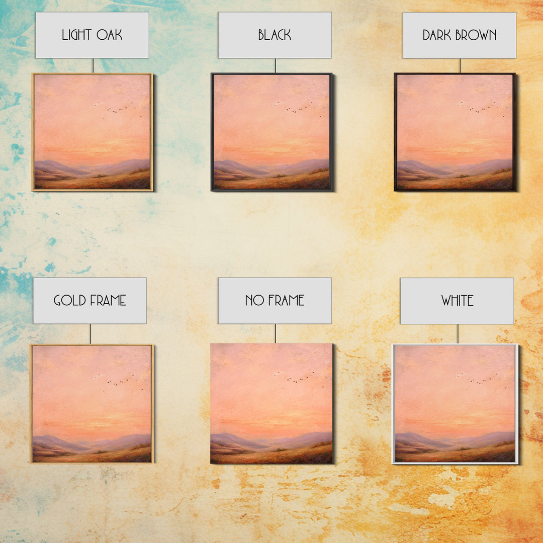 Peach Sunset Valley Landscape Wall Art, Textured Oil Painting Print, Warm Nature Decor, Large Living Room Canvas Wall Decor