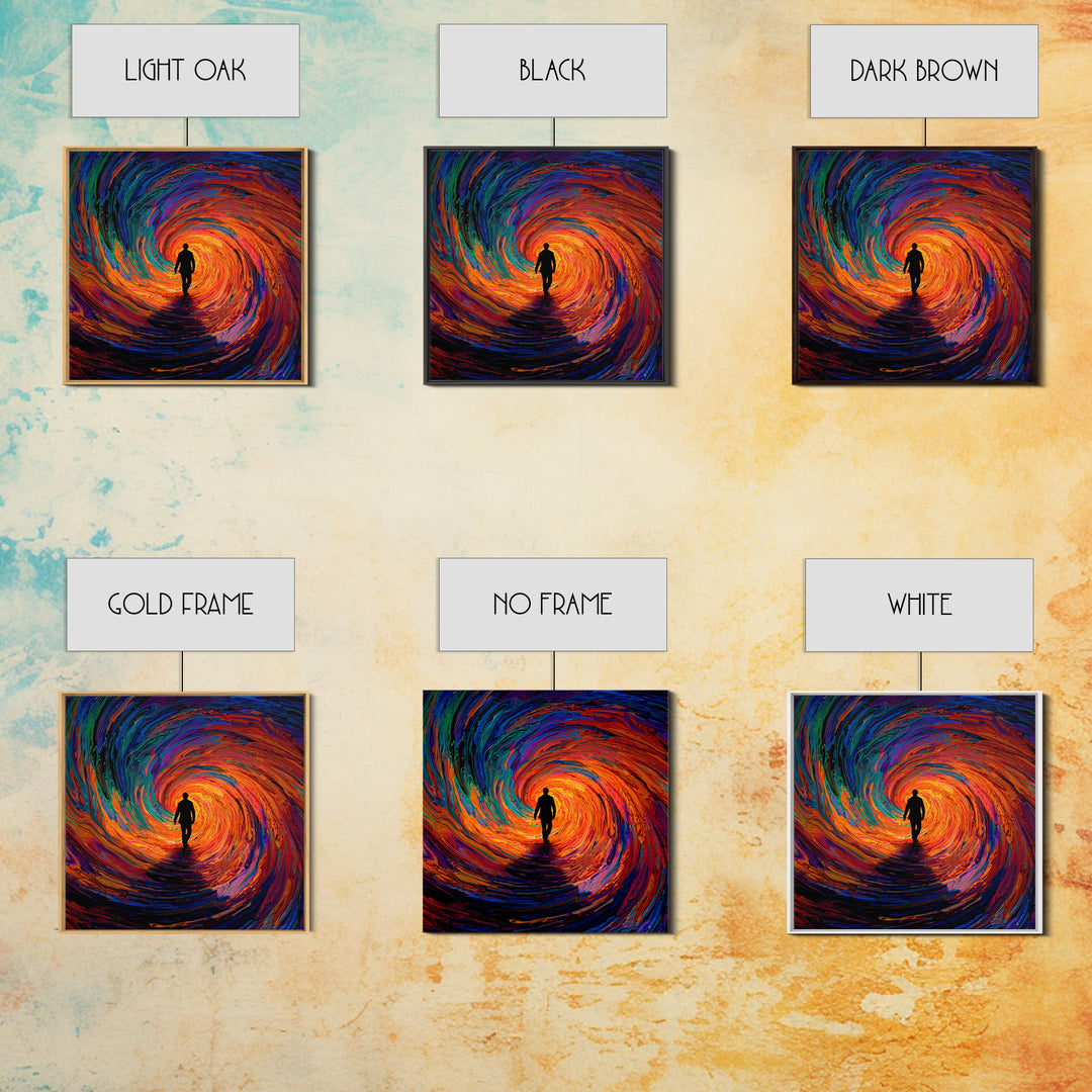 Man Walking Into Vortex Abstract Wall Art, Colorful Surreal Tunnel Painting, Modern Abstract Art Print, Statement Canvas Print