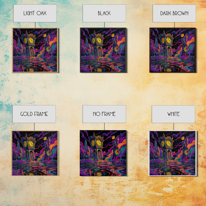 Surreal Neon Clock Dreamscape Wall Art, Psychedelic Abstract Landscape Canvas Print, Colorful Trippy Home Decor