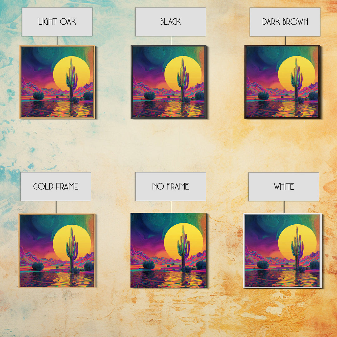 Psychedelic Desert Cactus Wall Art, Vibrant Sunset Landscape Canvas Print, Colorful Boho Western Home Decor
