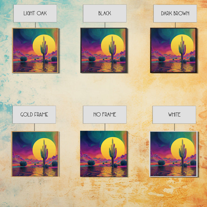 Psychedelic Desert Cactus Wall Art, Vibrant Sunset Landscape Canvas Print, Colorful Boho Western Home Decor