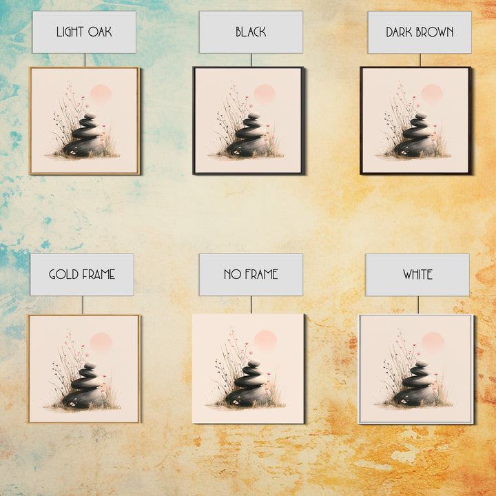 Zen Stacked Stones And Wildflowers Wall Art, Minimalist Meditation Canvas Print, Japandi Spa Decor, Calming Gift For Her