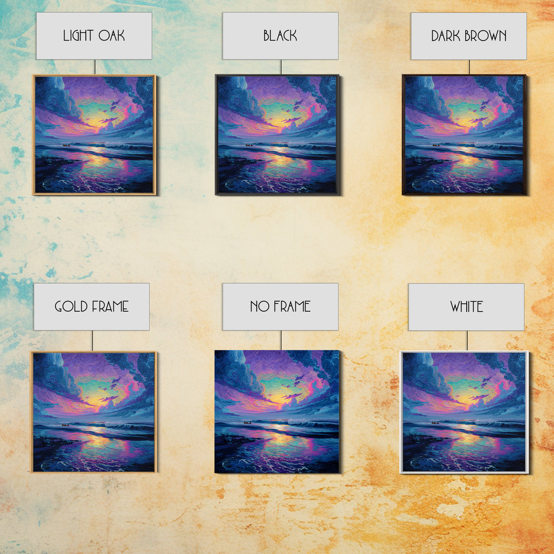 Psychedelic Ocean Sunset Waves Colorful Wall Art Print, Abstract Seascape Painting, Modern Coastal Home Decor Wall Art