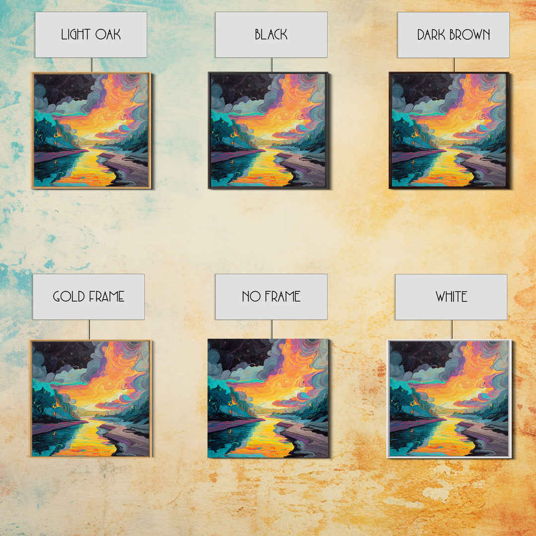 Psychedelic River Sunset Wall Art, Colorful Abstract Landscape Painting, Modern Boho Home Decor, Living Room Canvas Print