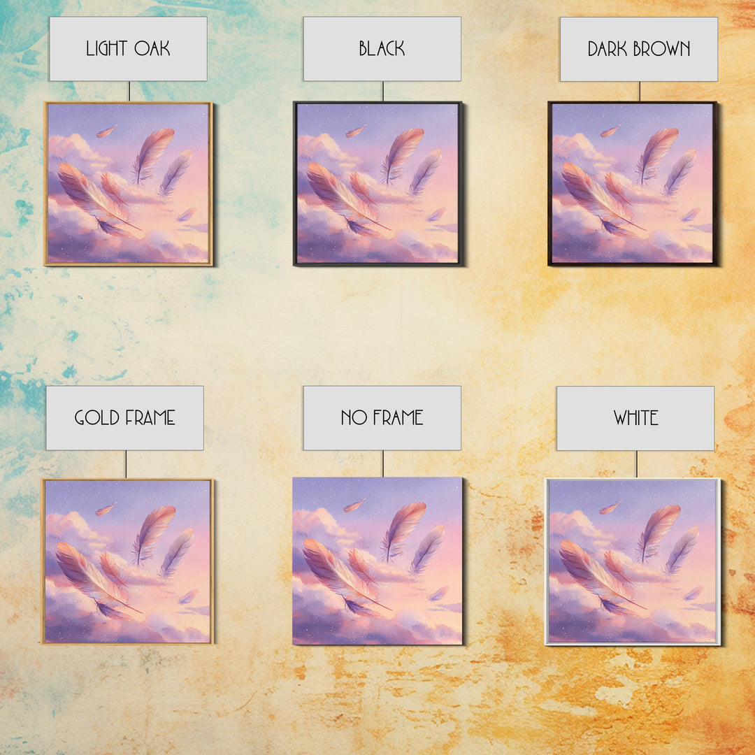 Floating Pink Feathers Wall Art, Dreamy Celestial Canvas Print, Pastel Cloud Decor, Whimsical Nursery Bedroom Gift For Her
