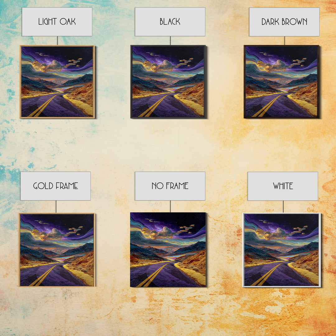 Cosmic Desert Highway Under Swirling Galaxy Sky Wall Art, Surreal Colorful Landscape Canvas Print, Modern Decor